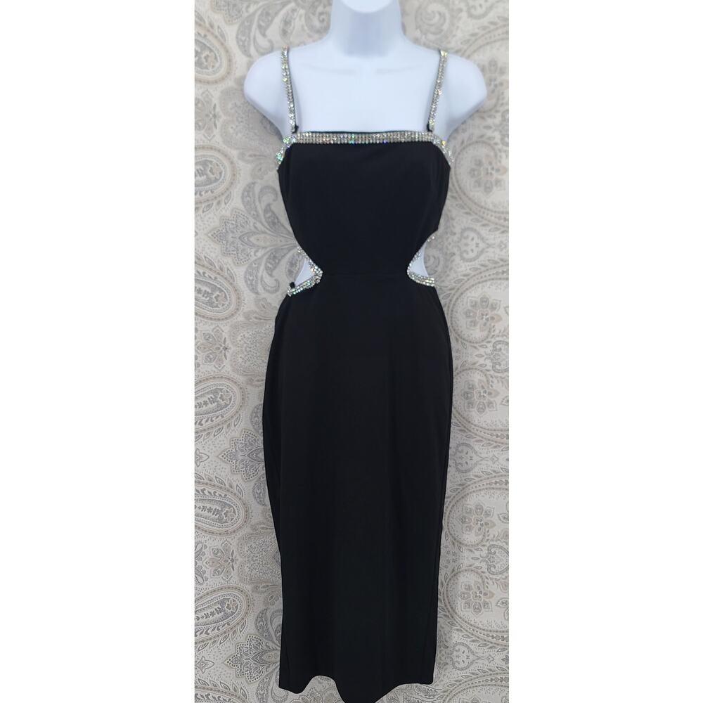 Dress The Population Black Cut Out Rhinestone Trim Midi Formal Dress Sz Xs Glam